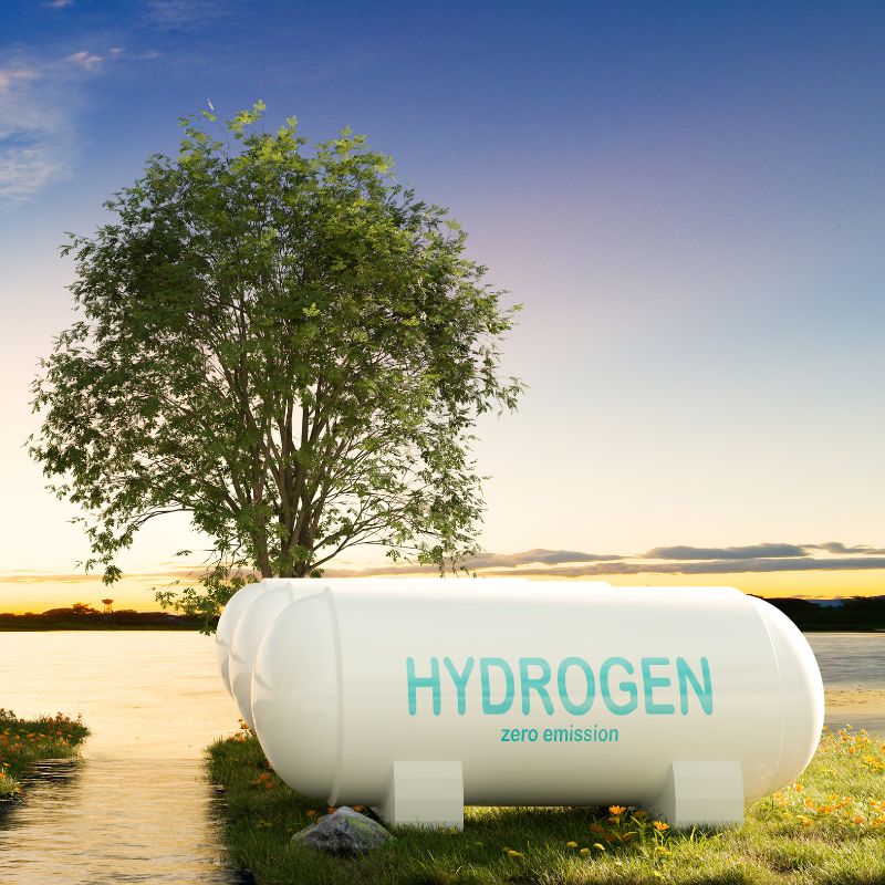 Hydrogen-power-storage-nearly-river-in-sunset