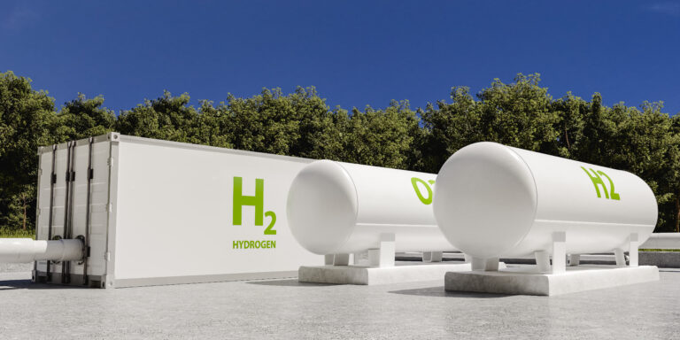 Hydrogen storage facility. Clean energy. 3D render.